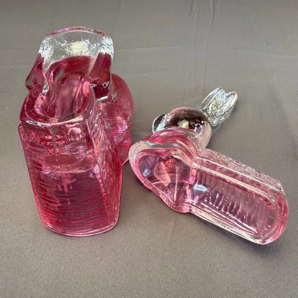 Vintage Pink Glass Bunny Rabbit Basket Candy Dish Heavy Easter Cottagecore Decor